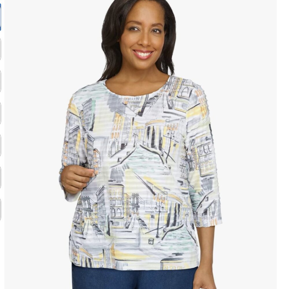 Alfred Dunner sz 2X Gray Yellow Abstract Artsy Street Print Novelty Stretch Top